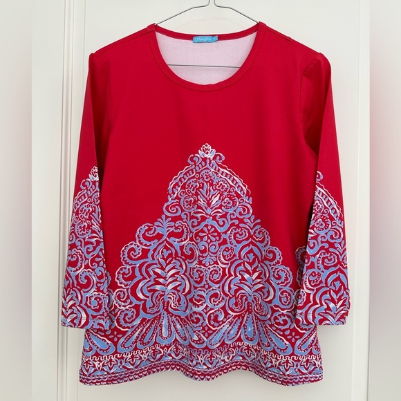 J. McLaughlin Catalina Cloth Blue Red Floral Damask Print Top Small 3/4 Sleeve - Picture 11 of 11